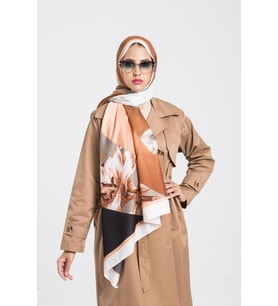 Çiçekli Desen Pavia Seri Şal Eşarp Askısı ile Birlikte 90X200 cm Krem Taba-90X20