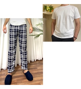 Regular Fit Alt Ekose Pamuklu Örme Bisiklet Yaka Erkek Pijama Takımı (Lacivert-Beyaz)