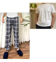 Regular Fit Alt Ekose Pamuklu Örme Bisiklet Yaka Erkek Pijama Takımı (Lacivert-Beyaz)