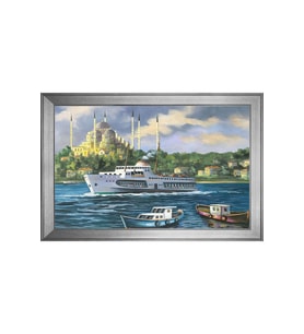 Yağlı Boya Sultan Ahmet Camii ve Vapur Motifli Kanvas Tablo 50 x 70 cm Silver Çerçeve