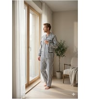 %65 Pamuk Yeni Sezon Erkek Şık Tasarım Çizgi Desenli Pijama Takımı (Gri)