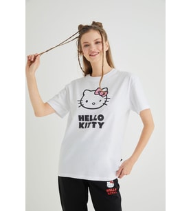 Lisanslı Baskılı Basic Beyaz T-shirt Kalıp Pamuk