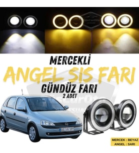 Opel Corsa C 2000-2006 Uyumlu Mercekli Angel Sis Farı Metal 76 mm Sarı Halkalı Gündüz Farı 2 Adet