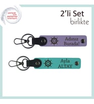 Babaya Verilebilecek Yönü Olan Hediyelik, Gemi Desenli Deri Set, Mor Menekşe-Koyu Turkuaz (Çok Renkli)