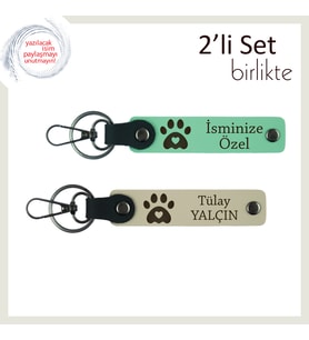 Kedi Sever Dostlara Uygun Hediye, Kalpli Pati Motifli 2’li Deri Set, Açık Yeşil-Sütlü Kahve