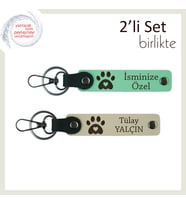 Kedi Sever Dostlara Uygun Hediye, Kalpli Pati Motifli 2’li Deri Set, Açık Yeşil-Sütlü Kahve