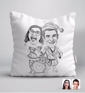 BK Gift Kişiye Özel Karakalem Yılbaşı Çift Karikatürlü Beyaz Yastık-1