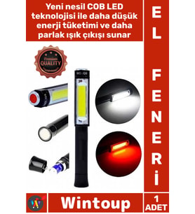 #ElFeneri Güçlü Pratik Taşınabilir Oto Pilli Mıknatıslı COB LED Çalışma Tamir Kırmızı Işık El Feneri