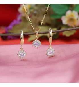 Beyaz Taşlı Minimal Anturaj Yuvarlak Gümüş Kolye Küpe Takım