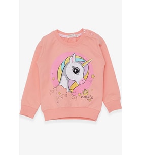 Breeze Kız Çocuk Sweatshirt Baskılı Unicorn 1.5-5 Yaş, Somon