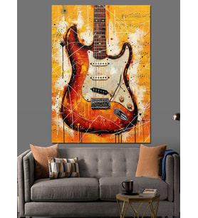 Kırmızı Gitar Alev Desenleri Dekoratif Kanvas - Mdf Ahşap Tablo
