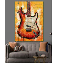 Kırmızı Gitar Alev Desenleri Dekoratif Kanvas - Mdf Ahşap Tablo