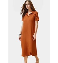 Kadın Örme Kısa Kollu Polo Yaka Midi Elbise Rahat Yazlık Günlük Stil Dayanıklı Malzeme (Tarçın)