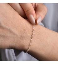 14 Ayar Altın Kaplama  Pembe Kuvars Doğal Taşlı  El Yapımı Gümüş Bileklik - CBS00130 (Rose-Beyaz)