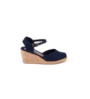 Gerçek Elişi Topuğu Açık Bilekten Bantlı Dolgu Topuk Keten Hasır Kadın Espadril Handmade (Lacivert)