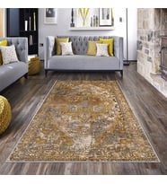 Kahverengi Vintage Desen Çerçeveli Yıkanabilir Kaymaz Taban Leke Tutmaz Modern Salon Halısı ve Yolluk (Bej)