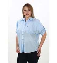 %100 Cotton Yazlık Organik Büyük Beden Kadın Gömlek (Mavi)