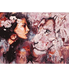 Kadın Ve Aslan Sayılarla Boyama Seti 40x50 cm (Tuvale Gerili)