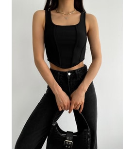 Kadın Altı Oval Crop Likralı Örme Bluz Siyah