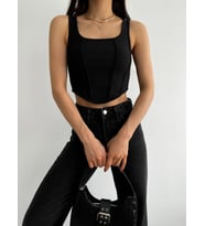 Kadın Altı Oval Crop Likralı Örme Bluz Siyah