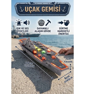 Metal Alaşım Işıklı ve Sesli Uçak Gemisi Oyuncak - Sürtmeli Hareketli 24 cm Büyük Boy Askeri Gemi