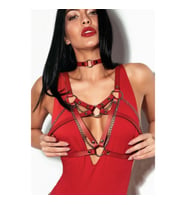 Zincirli Göğüs Detaylı İnce Coker Tasma Deri Harness (Kırmızı)