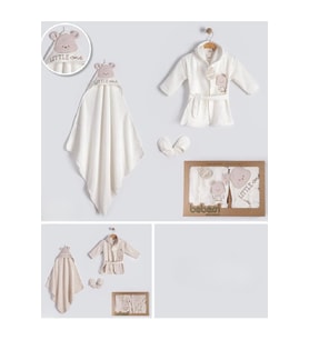 Bebessi %100 Pamuk Little Bear Bornoz Set Ekru BBS.4183.EKR