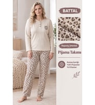 Lindros Kadın Düğme Yaka Raporlu İnterlok KIŞLIK Battal Pijama Takımı 02995 - 1 Adet