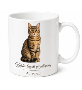 İsme Özel Tekir Kedi Desenli Baskılı Kupa Bardak Hediye Kedi Severlere