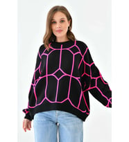 Kadın Bisiklet Yaka Desenli Oversize Triko Kazak 224403 (Siyah)