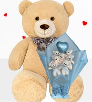 Peluş Ayı 90 Cm Sevgiliye Doğum Günü Hediyesi Set Özel Gün İçin Hediyelik Ayıcık Ve Balonlu Kalpli Mavi Buketi (Bej)