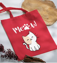 BK Gift Kedi Tasarımlı Kırmızı Kumaş Bez Çanta, Baskılı Omuz Çantası, Alışveriş Çantası, Arkadaşa Hediye-11