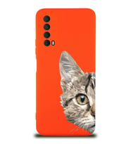 Huawei P Smart 2021 Uyumlu Lansman Kılıf Catface Tasarımlı İçi Kadife Kapak-Turuncu (Şeffaf)