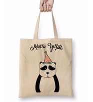 Sevimli Panda İle Mutlu Yıllar Bez Çanta Uzun Saplı