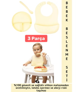Kaymaz Sağlıklı Önlük Diş Kaşıyıcılı Kaşık Vakumlu Tabak 3 Parça Silikon Bebek Beslenme Seti Sarı