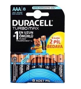 Duracell Turbo Max Alkalin LR03 1.5V AAA İnce 8'Li Pil