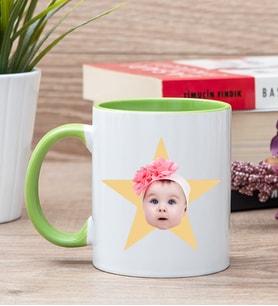 Kişiye Özel Pembe Yıldız Kafa Fotoğraflı Yeşil Kupa Bardak
