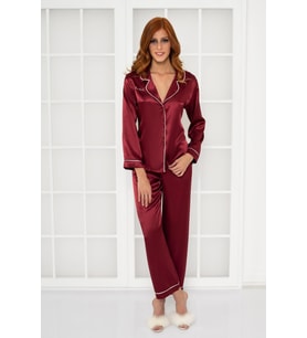 Saten Biyeli Pijama Takımı (Bordo)