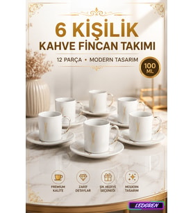 6 Kişilik Seramik Kahve Fincan Takımı Yuvarlak Sunum Tabaklı Porselen Türk Kahvesi Fincan Seti