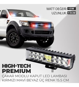 High-Tech Premium Çakarlı Kaput Led Lambası Üç Renk 15.5 CM Kırmızı Mavi Beyaz