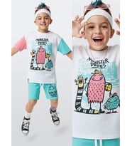 Erkek Çocuk Takım Canavar Baskılı %100 Pamuk T-Shirt Pamuk Şort Yazlık Takım (Beyaz)
