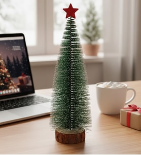 Yıldızlı Masa Üstü Çam Ağacı – 25 cm Karlı Kütük Üzeri Mini Çam Ağacı Dekoru  Yılbaşı Hediyesi Ofis Ev İş Dekor Obje (Yeşil)