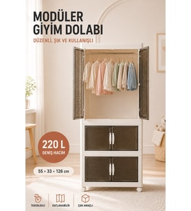 220 L Modüler Giyim Dolabı Tekerlekli Katlanabilir 3 Bölmeli Çok Amaçlı Gardırop