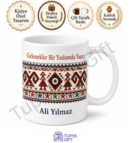 Kilim Deseni Baskılı Porselen Kupa Bardak Geleneksel Motif Hediye