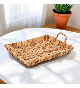 El Yapımı Su Sümbülü Hasır Kulplu Dekoratif Tepsi Büyük Boy (32cm*25cm*4cm)