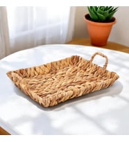 El Yapımı Su Sümbülü Hasır Kulplu Dekoratif Tepsi Büyük Boy (32cm*25cm*4cm)