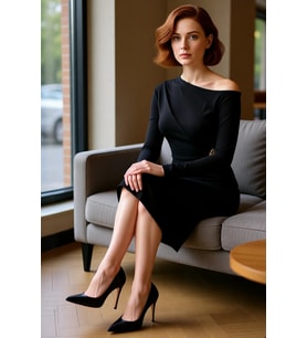 Kadın Asimetrik Yaka Siyah Bodycon Midi Elbise Aksesuar Detaylı Şık ve Modern Kokteyl Görünüm