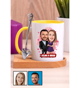 Sevgiliye Romantik Yıldönümü Hediyesi Karikatürlü Ahşap Altlıklı Sarı Kupa Bardak