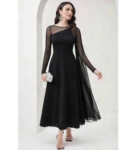 Kadın Uzun Kollu Yarı Balıkçı Yaka Tül Detaylı Uzun Sandy Elbise