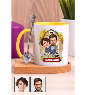 Sevgiliye Özel Hediye Ev Temalı Karikatürlü Ahşap Altlıklı Sarı Kupa Bardak